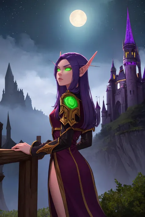 masterpiece, best quality, 1girl, solo, bldelf, glowing eyes, green eyes, purple hair, looking away, fantasy, castle, elven architecture, night, darkness, dark, night sky