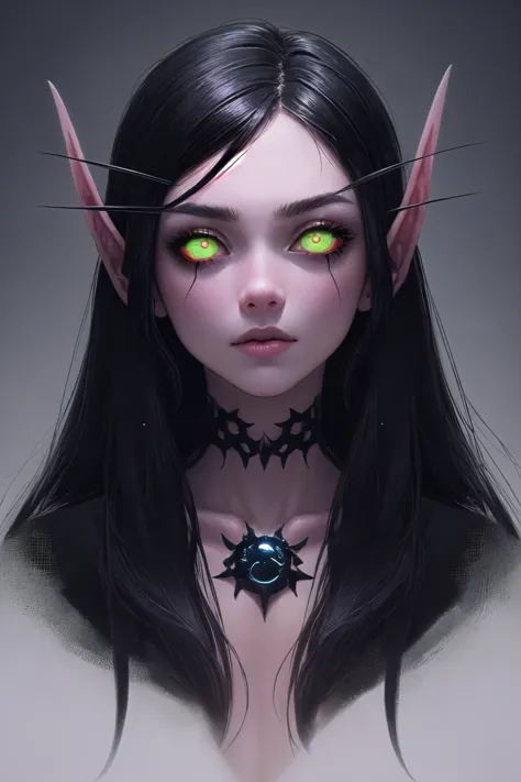 <lora:bloodelf-warcraft-richy-v1:1>, bldelf, glowing eyes, colored sclera, pointy ears, black hair, very long hair, 
Masterpiece, best quality, portrait of a teenage girl, (necropunk style:1.2),