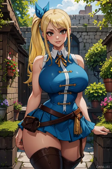 lucy heartfilia, blonde hair, long hair, side ponytail, blue ribbon, large breasts, earrings, thigh boots, blue shirt, sleeveles...