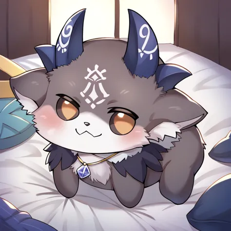 anime cat with horns and a sword laying on a bed