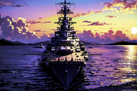 painting of a large battleship in the water at sunset