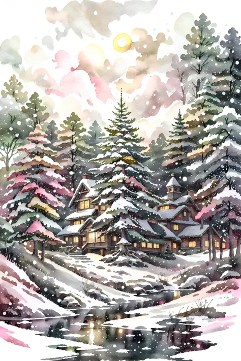 a painting of a snowy scene with a house and trees