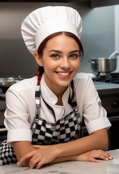 (medium full shot) of (stylish chef) young woman, mexican, ebony skin, green eyes, medium build, extra long red french twist hai...