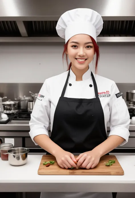 (medium full shot) of (dashing chef) young woman, japanese, tan skin, hazel eyes, busty build, long red messy bun hair,  wearing a chef hat, black chef jacket, apron, checkered chef pants, black sneakers, , set in  Classroom Kitchen, setup with individual cooking stations, students following a chef instructor, mirrors above the counters for demonstration, ingredient stations, kitchen tools laid out, woman smiling,  ,Masterpiece,best quality, photo, realistic, very aesthetic, detailed face,