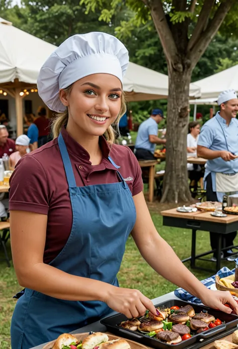 (medium full shot) of (handsome chef) young woman, brazilian, tan skin, blue eyes, average build, medium blonde low bun hair,  w...