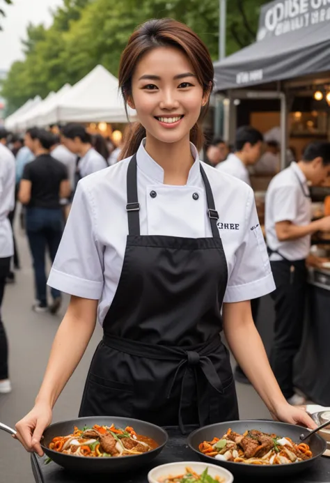 (medium full shot) of (attractive chef) young woman, korean, tan skin, hazel eyes, lithe build, medium dark hime cut hair,  wear...