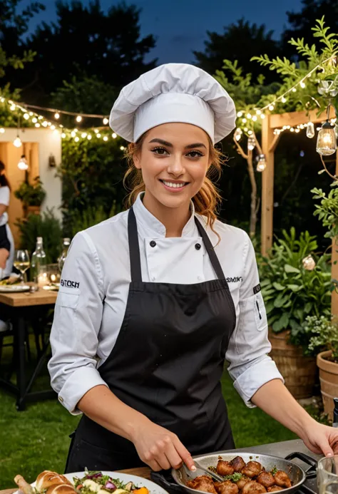 (medium full shot) of (energetic chef) young woman, persian, tan skin, hazel eyes, normal build, short ginger messy bun hair,  w...