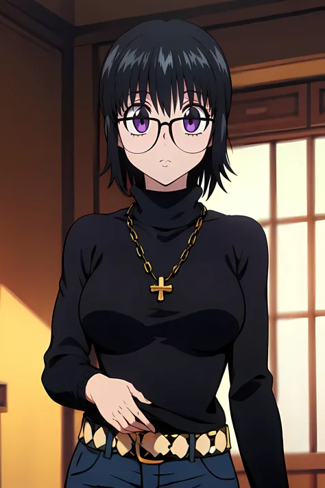 masterpiece,best quality, unreal engine, ultra res, extremely detailed,
1girl, medium breasts, waist, slender, (muscular:0.9)
ROUND BREASTS, medium BREASTS
SHIZUKUMURASAKI,
black hair, amethyst eyes,glasses,
TURTLENECK SWEATER,BLACK SWEATER,  long sleeves
jewelry, necklace,
BELT,JEANS,