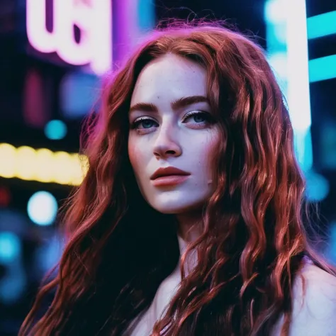 Photo of a woman with long wavy hair,portrait,kodachrome, neon,cyberpunk, saxsnk,  <lora:sasink_juggerX_xl_2_st-saxsnk-000088:1>