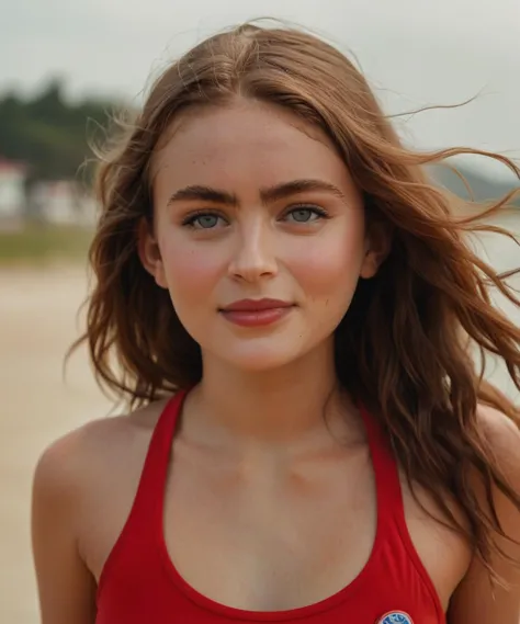 head and shoulders portrait,beautiful woman is a baywatch lifeguard,walking,kind_smile,red shirt,red shorts,wind blowing hair,at the beach,high detailed defined skin pores,high quality photography,detailed irises and pupils,intricate details,moody,dynamic lighting,atmospheric haze,<lora:MJ52:0.3>,<lora:sasink_xl_1_standard_merged_30_35_72_05_02_04:1>,