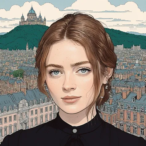 studio ghibli style illustration of the face of a woman looking at the viewer with a victorian city square in the background, sa...