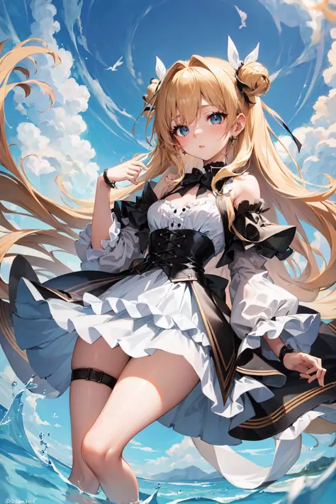 masterpiece:1.4, best_quality:1.4, corset, blouse, miniskirt, bishoujo, blond long hair:1.4, big blue eyes, small breasts, slender, shiny eyes, star eyes, water eyes, Extremely delicate and beautiful, perfect body, perfect face, perfect eyes, perfect arms, perfect hands, perfect fingers, perfect legs, loli