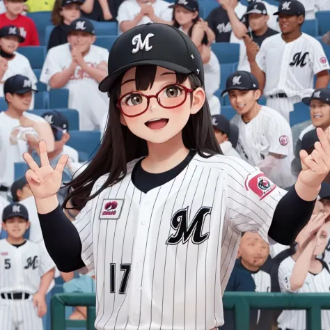 best quality, ultra-detailed, illustration,
chibalotteU, baseball uniform, baseball cap, 
1girl, solo, glasses, black hair, long...