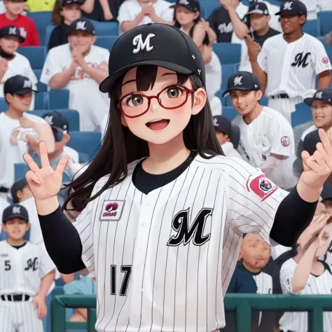 best quality, ultra-detailed, illustration,
chibalotteU, baseball uniform, baseball cap, 
1girl, solo, glasses, black hair, long hair, standing, happy, laughing, smile, upper body, looking at viewer, baseball stadium, 
 <lora:Chiba_LOTTE_MARINES_uniform_SD15_V1:0.8>