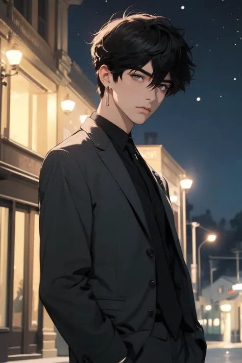 masterpiece, best quality, 1boy, male focus, danheng, black hair, green eyes, hair between eyes, earrings, business suit, upper body, looking at viewer, outdoors, mansion, night, starry night, professional illustration, hires, <lora:danheng:0.6>