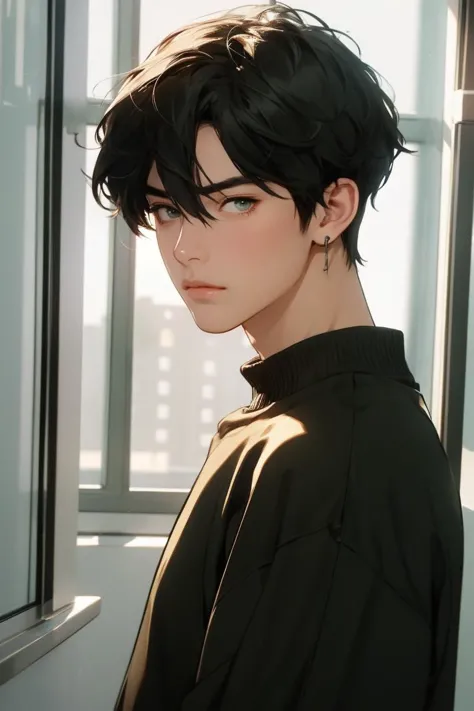 masterpiece, best quality, 1boy, male focus, danheng, black hair, green eyes, hair between eyes, earrings, sweater, upper body, looking at viewer, indoors, bedroom, windows, professional illustration, hires, <lora:danheng:0.6>