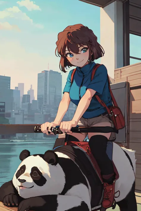 anime girl riding a panda on a bike in front of a city