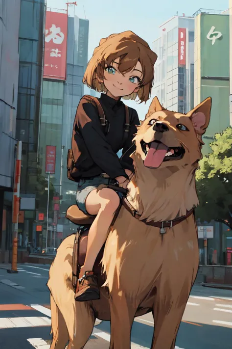 (masterpiece, best quality;1.3), extremely detailed CG, ultra detailed, 1girl, solo, smile,  looking at viewer, stylish ungle,
BREAK, ((riding big dog)) ,BREAK,  <lora:conan3:0.7>
light smile, short hair,tokyo city