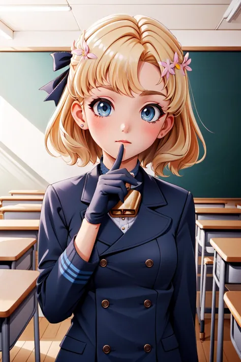 a woman in a school uniform is holding a finger to her lips