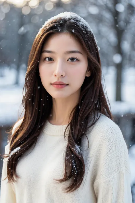 (masterpiece:1.35),(best-quality:1.4),8k,ultra-detailed,photography,(ultra-realistic:1.4), adult girl, long hair, sweater, snowing background,