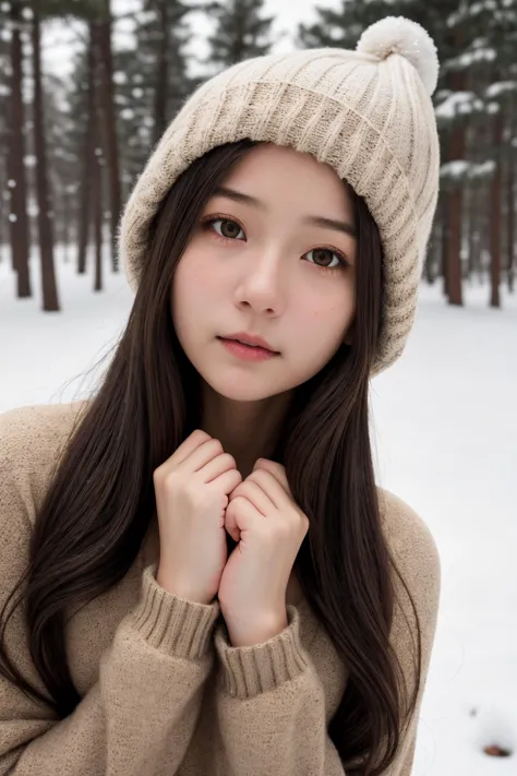 masterpiece, best quality, raw photo, realistic, adult girl, looking at viewer, supporting head on two hands, long hair, sweater, sweater hat,
extremely beautiful detailed face, best shadow, medium breasts, (cute face, temptations look), snowing, snowing background, (sepia photography),
(professional photo, balanced photo, high contract exposure)