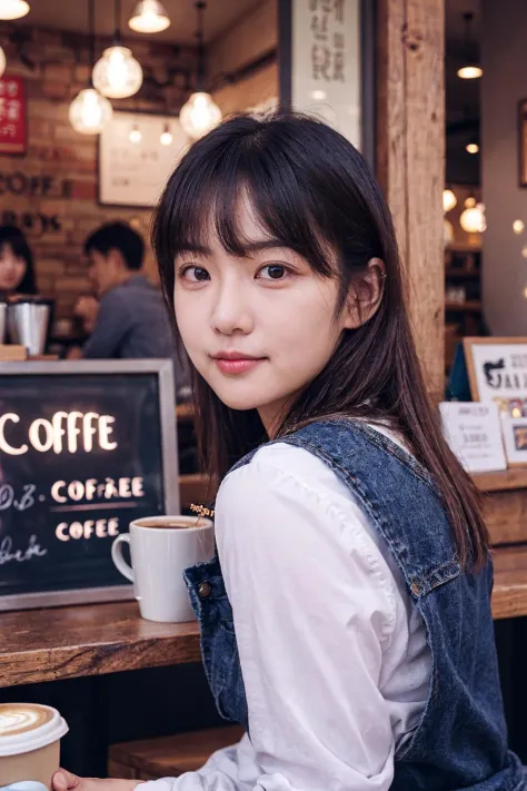 a girl sitting in front of coffee shop, ((close shot)),