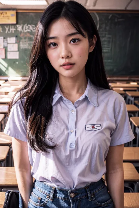 1girl, long hair, shirt, jeans, classroom background, pov, (upper body)