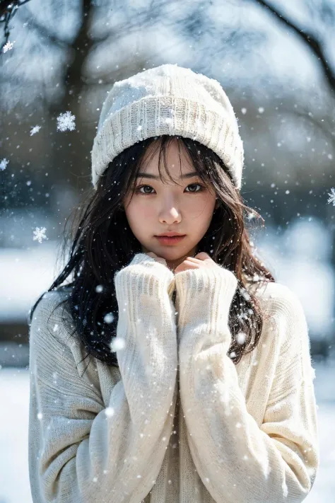 1girl,long hair,sweater, snowing background,