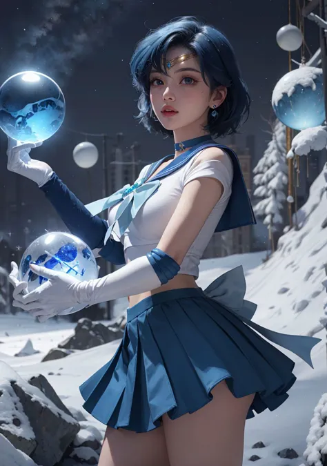 masterpiece, best quality, highres, mer1, tiara, sailor senshi uniform, blue sailor collar, bow, knee boots, choker, white gloves, blue choker, elbow gloves, jewelry, earrings, blue skirt, cowboy shot, orb, crystal ball, 