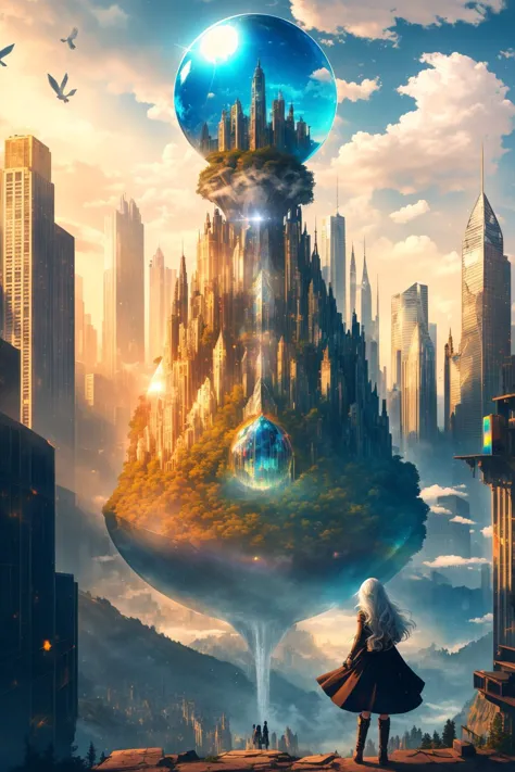 (orb:1.2), crystal orb, shiny glass,<lora:Orbs-V1:1>, dress, cleavage, woman inside glass, cityscape, city, cloud, scenery, skyscraper, building, cloudy sky, sky, long hair, from behind, outdoors, bird, ruins, 1girl, sunlight, tower, facing away, city lights, green hair, water, sunbeam, light rays, bridge, post-apocalypse, tree, backpack, very long hair, lens flare, knee boots, mountain, river, waterfall, white hair, solo, weapon, skyline, rainbow, neon trim