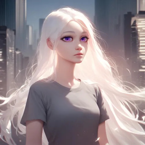 (((beautiful, high quality))), score_9, score_8_up, score_7_up, 1girl, white long hair, purple eyes, gray t-shirt, city backgrou...