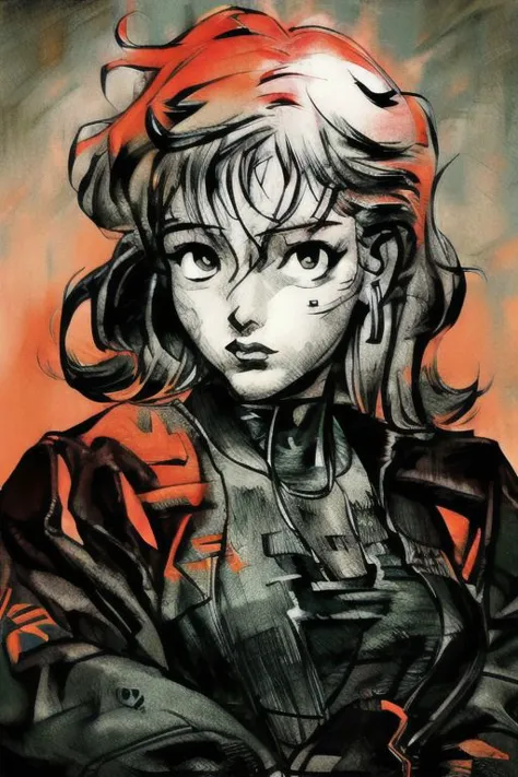 perfectly rendered cyberpunk female. (artwork close-up:1.1), (lineart:1.23), ((monochrome)) with a splattered orange background
