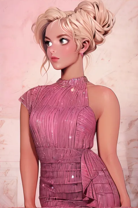 <lora:pinkshinydress-hades:1.00>, woman wearing pink dress, blonde hair in bun, elegant, curvy || illustration, sparkly dress, m...