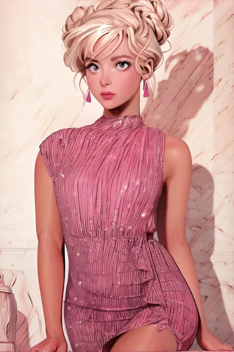 <lora:pinkshinydress-hades:1.00>, woman wearing pink dress, blonde hair in bun, elegant, curvy || illustration, sparkly dress, m...