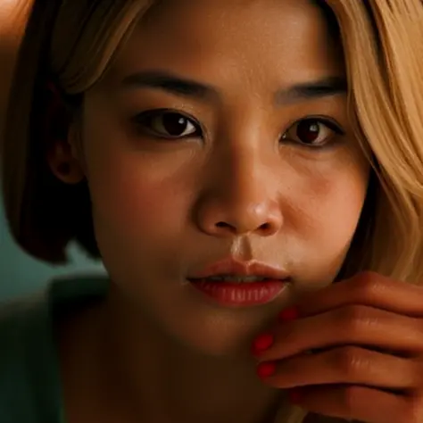 (35mmstyle:1) a close up film still portrait of a asian woman with her hand next to her face, Cool, depth of field