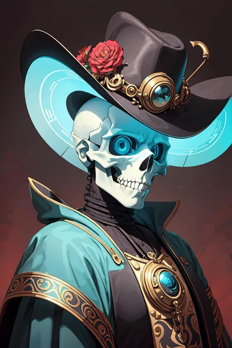 A painting of a skull with a hat, in the style of sci-fi baroque, light turquoise and red, fantastical contraptions, andrzej syk...