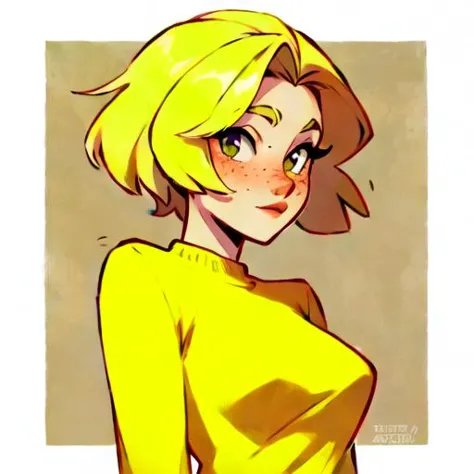 a drawing of a woman with blonde hair and a yellow shirt