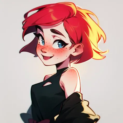 a cartoon girl with red hair and blue eyes wearing a black dress