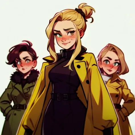 a cartoon picture of three women in coats and a man in a suit