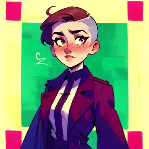 expressionism style, Greek woman, beautiful woman, Buzz cut hair style, Caramel hair colour, freckles, 27 years old, Ecstatic , looking at the viewer, wearing a Maroon Trench coat , medium breasts, tight body, Frame within a frame framing, <lora:CuteWebComic:1>,