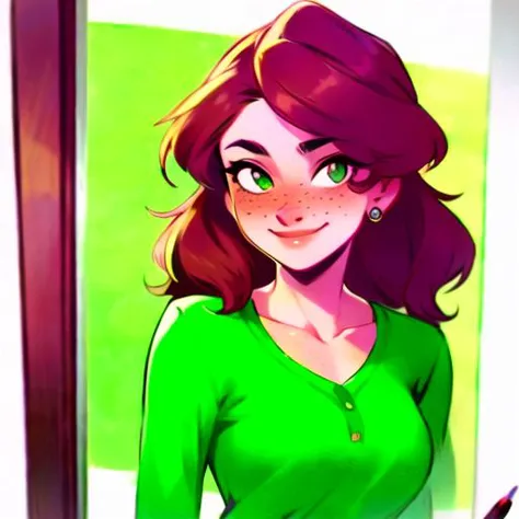 a close up of a cartoon of a woman with a green shirt