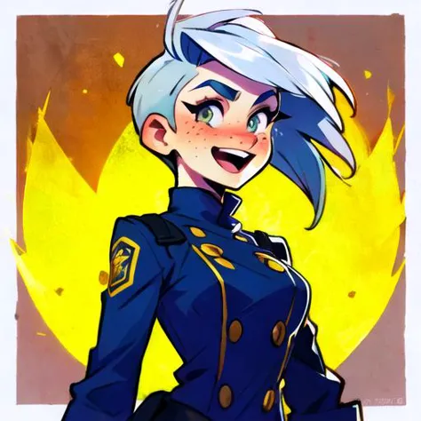 a drawing of a woman in a blue uniform with a yellow background