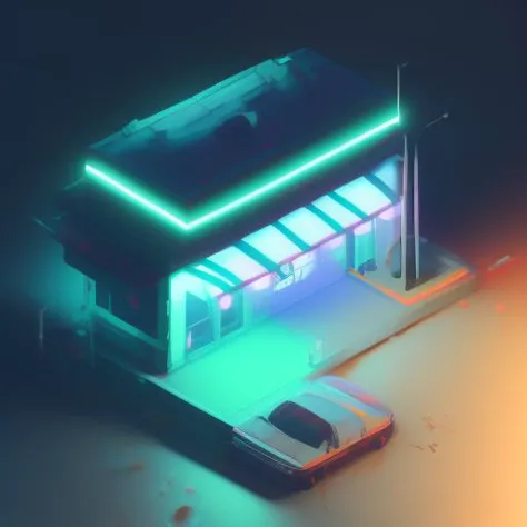 a painting of a small building with a neon sign on the front of it and a parking light on the side of it, art by isometrichyper