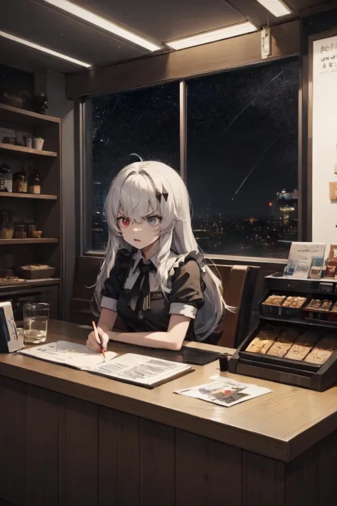 white hair, long hair, heterochromia, red eyes, grey eyes, maid, angry, (no headwear:1.2)
BREAK cafe, (space station, space:1.2), stars, window, food display, anger vein, cash register
<lora:alpha-21:1>