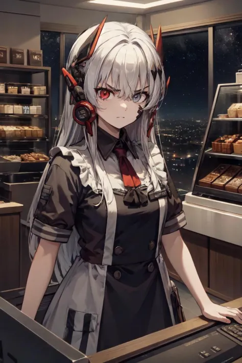 white hair, long hair, headgear, facial mark, heterochromia, red eyes, grey eyes, maid, angry
BREAK cafe, (space station, space:1.2), stars, window, food display, anger vein, cash register
<lora:alpha-21:1>