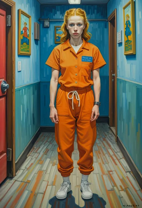 (stunning acrylic painting by vincent van gogh) of a  woman prisoner inmate,              wearing orange jumpsuit with prisoner ...