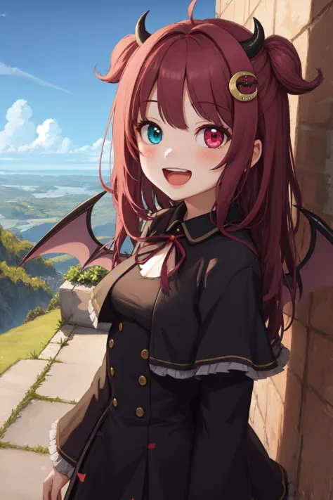 masterpiece, best quality, 1girl, open mouth, gao, yuzukiroaid, dress, black dress, heterochromia, demon girl, bat wings, outdoors, smile, looking at viewer,<lora:yuzuki_roa-10:1.000000>