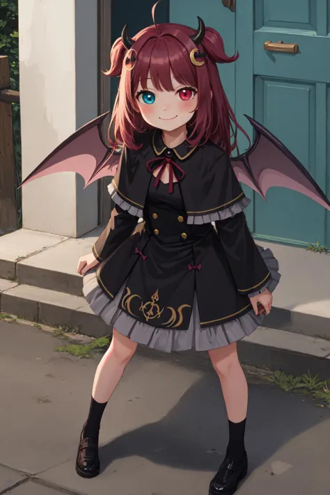 masterpiece, best quality, 1girl, closed mouth, yuzukiroaid, dress, black dress, heterochromia, demon girl, bat wings, outdoors, smile, looking at viewer, full body, <lora:yuzuki_roa-10:1.000000>