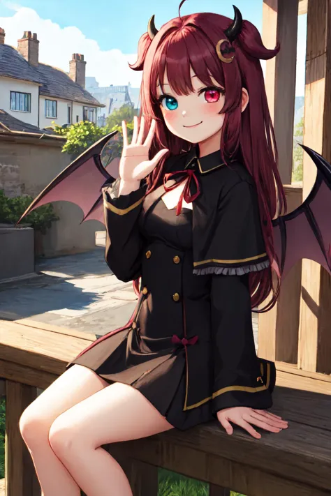 anime girl with red hair and horns sitting on a bench