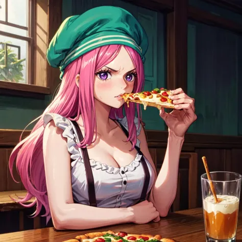 masterpiece, best quality, <lora:OnePieceCharacters:1>, bny1, 1girl, solo, purple eyes, pink hair, long hair, green headwear, su...